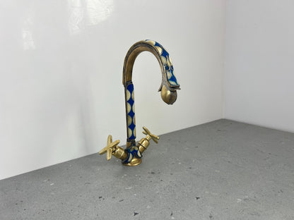 Blue Inlay Brass Gooseneck Faucet with Cross Handles