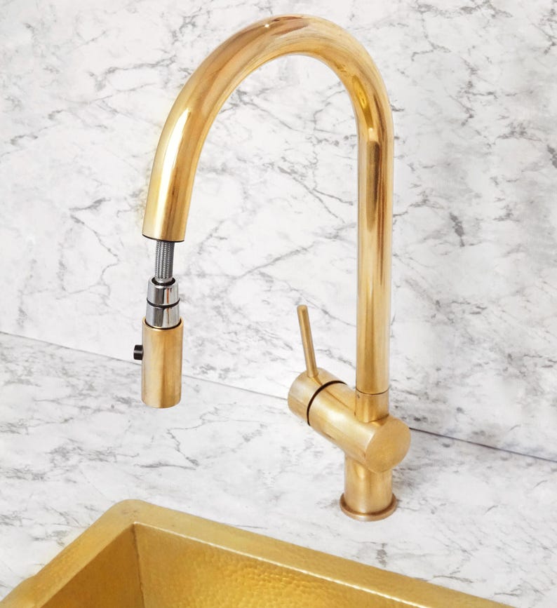 Unlacquered Brass Pull-Down Kitchen Faucet Set