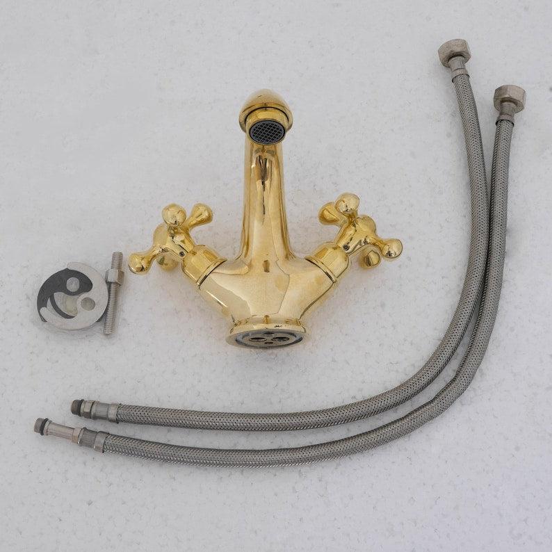 Polished Solid Brass Bathroom Faucet with Cross Handles