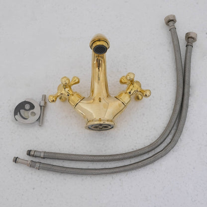 Polished Solid Brass Bathroom Faucet with Cross Handles