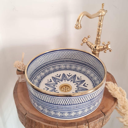Hand-Painted Moroccan Ceramic Vessel Sink with Brass Rim