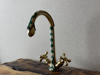 Green Inlay Brass Gooseneck Faucet with Cross Handles