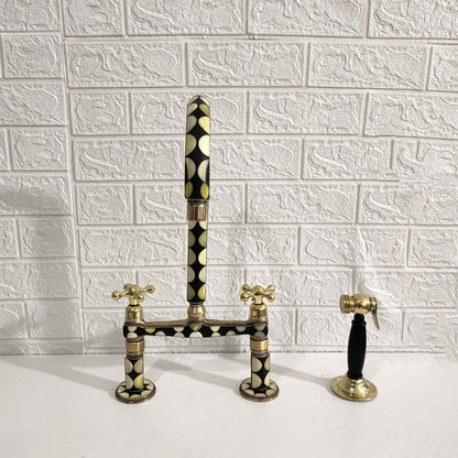 Mother of Pearl Inlay Brass Bridge Kitchen Faucet