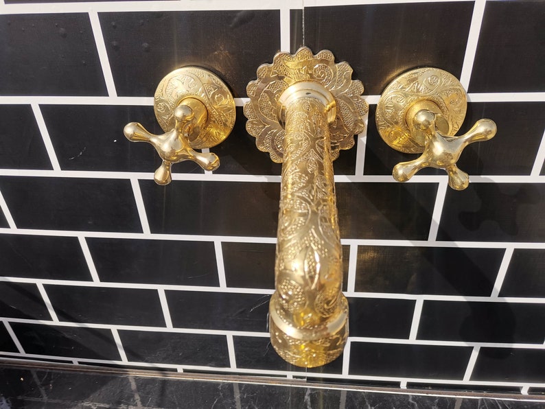 Engraved Brass Wall Mount Faucet