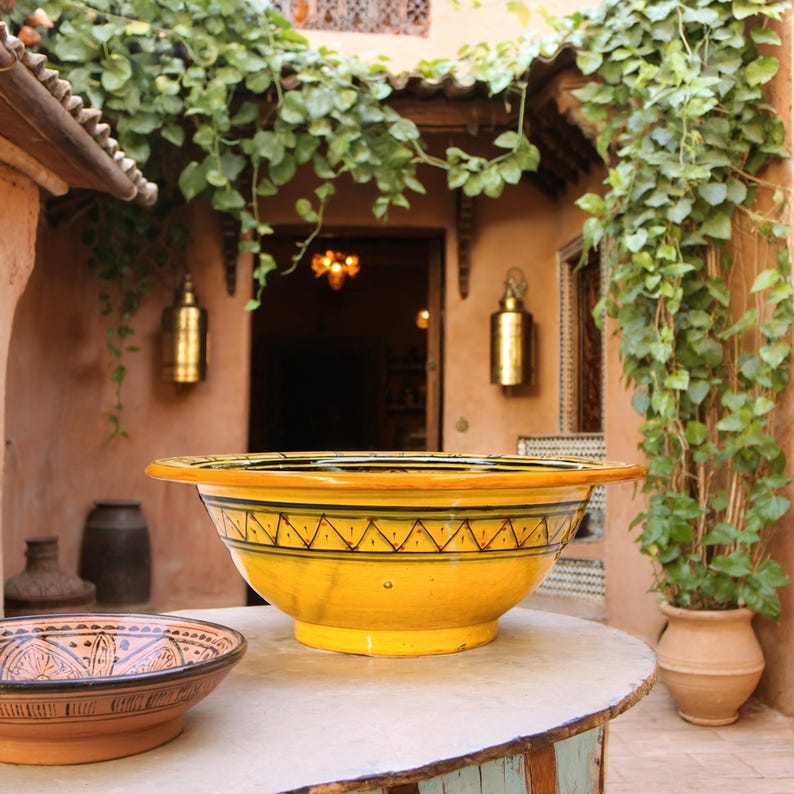 Hand-Painted Moroccan Ceramic Vessel Sink – Yellow Artisan Basin