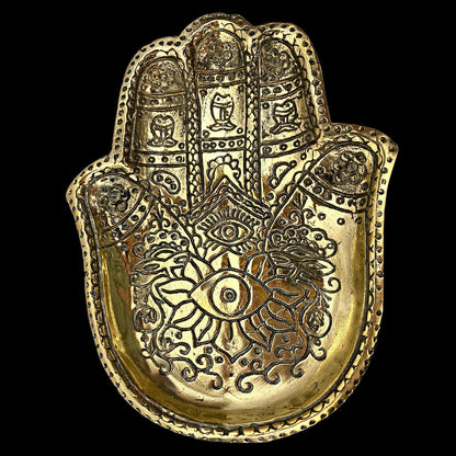 Handmade Brass Hamsa Hand Tray – Engraved Evil Eye Decorative Catchall Dish