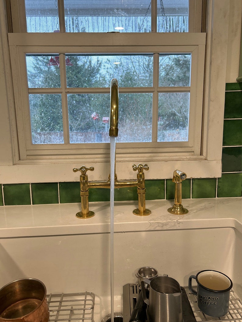 Unlacquered Brass Bridge Kitchen Faucet with Side Sprayer