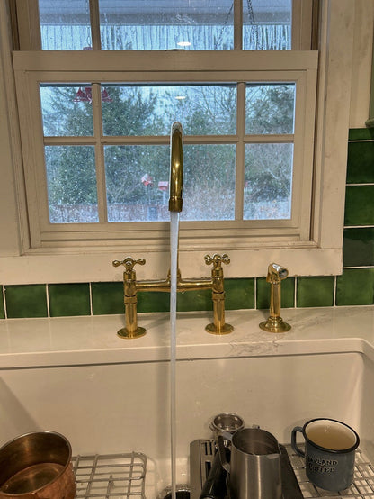 Unlacquered Brass Bridge Kitchen Faucet with Side Sprayer