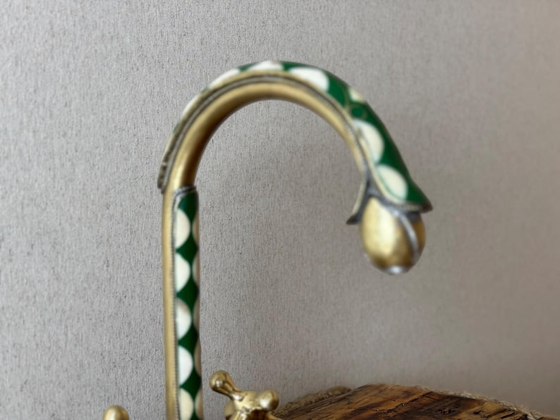 Green Inlay Brass Gooseneck Faucet with Cross Handles