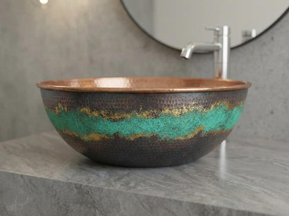 Hammered Copper Vessel Sink with Green Patina Accent