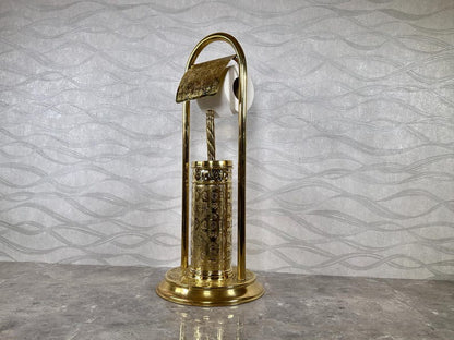 Handmade Solid Brass Toilet Paper Holder with Stand – Moroccan Engraved Freestanding Bathroom Accessory