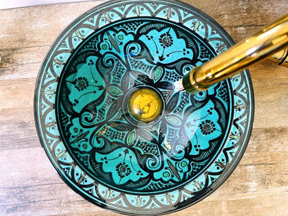 Hand-Painted Turquoise Moroccan Glass Vessel Sink