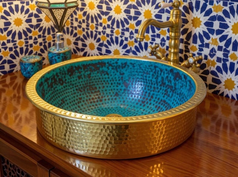 Turquoise Hammered Brass Vessel Sink with Gold Exterior
