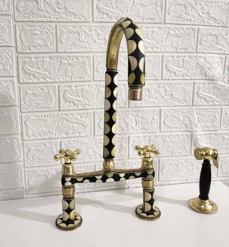 Mother of Pearl Inlay Brass Bridge Kitchen Faucet