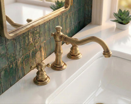 Widespread Unlacquered Brass Bathroom Faucet with Classic Cross Handles