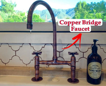 Vintage Bridge Copper Kitchen Faucet with Gooseneck Spout