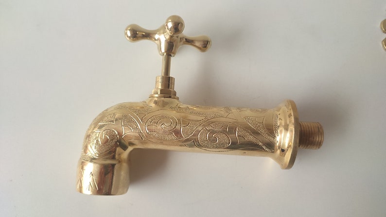 Hand-Engraved Polished Brass Wall Mount Faucet