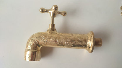 Hand-Engraved Polished Brass Wall Mount Faucet