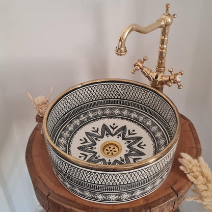 Hand-Painted Moroccan Ceramic Vessel Sink with Brass Rim