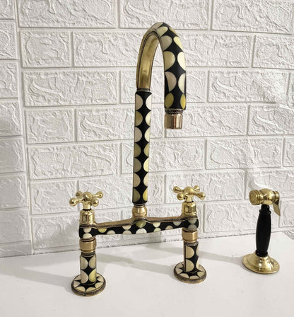 Mother of Pearl Inlay Brass Bridge Kitchen Faucet