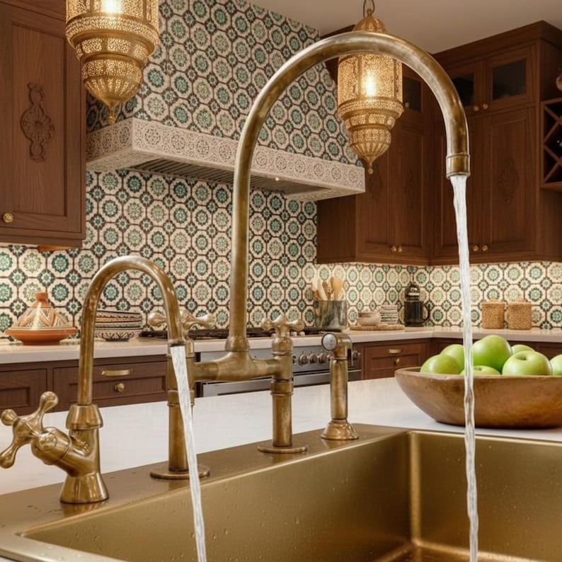 Moroccan-Style Unlacquered Brass Bridge Kitchen Faucet