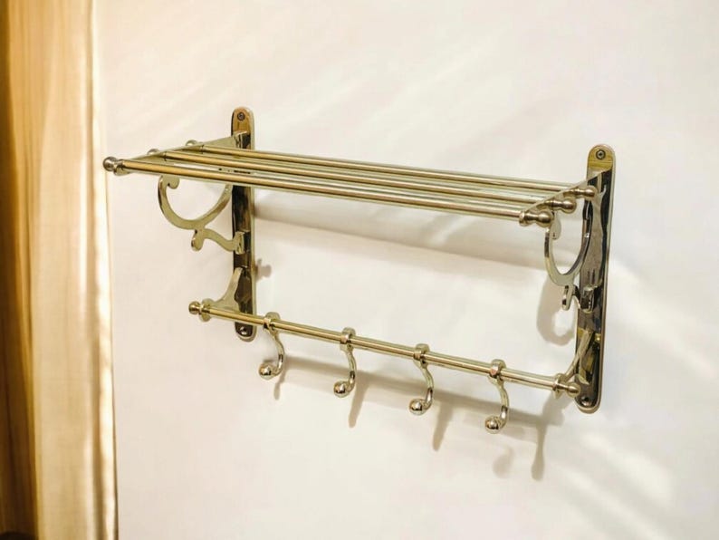 Handmade Solid Brass Wall Shelf with Hooks – Vintage Moroccan Bathroom & Entryway Rack