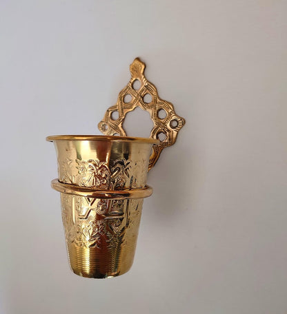 Handmade Solid Brass Toothbrush Holder – Engraved Moroccan Wall-Mounted Cup