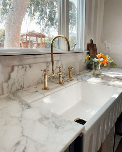 Unlacquered Brass Bridge Kitchen Faucet with Side Sprayer