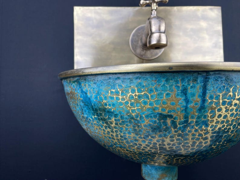 Hand-Hammered Moroccan Brass Sink with Deep Turquoise Verdigris Patina