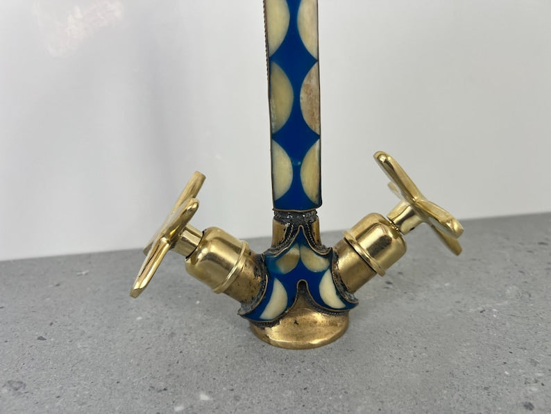 Blue Inlay Brass Gooseneck Faucet with Cross Handles