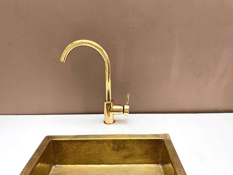 Polished Brass Gooseneck Kitchen Faucet with Lever Handle