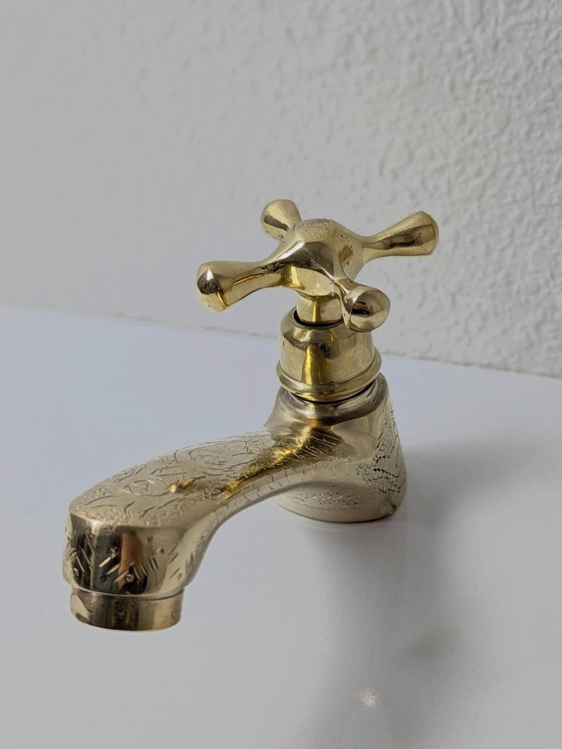 Vintage Engraved Brass Bibcock Faucet with Cross Handle