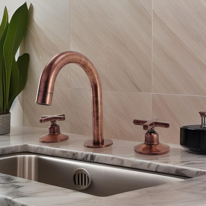 Weathered Copper Gooseneck Faucet – Widespread 3-Hole Sink Mixer