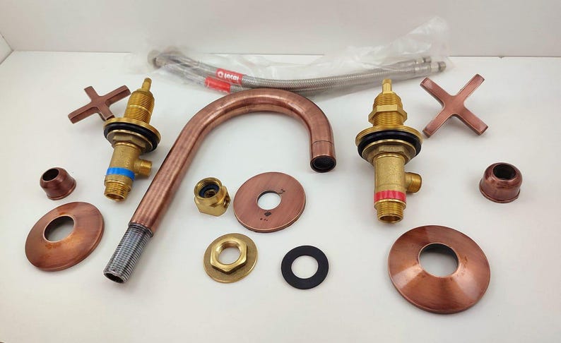 Weathered Copper Gooseneck Faucet – Widespread 3-Hole Sink Mixer