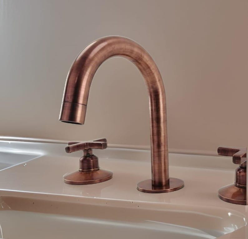 Weathered Copper Gooseneck Faucet – Widespread 3-Hole Sink Mixer