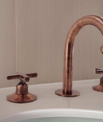 Weathered Copper Gooseneck Faucet – Widespread 3-Hole Sink Mixer