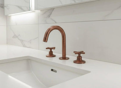 Weathered Copper Gooseneck Faucet – Widespread 3-Hole Sink Mixer