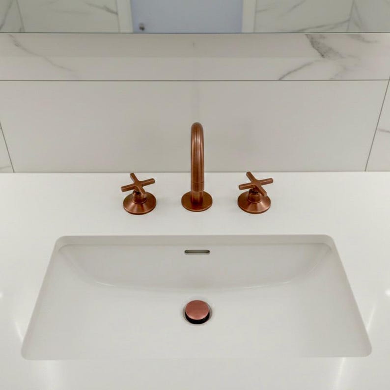 Weathered Copper Gooseneck Faucet – Widespread 3-Hole Sink Mixer