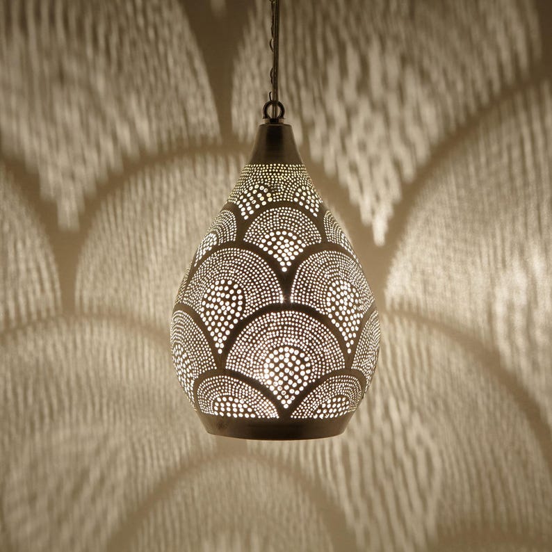 Hand-Pierced Moroccan Brass Teardrop Pendant