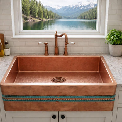 Artisan Copper Farmhouse Sink with Dual Rope Apron Detail