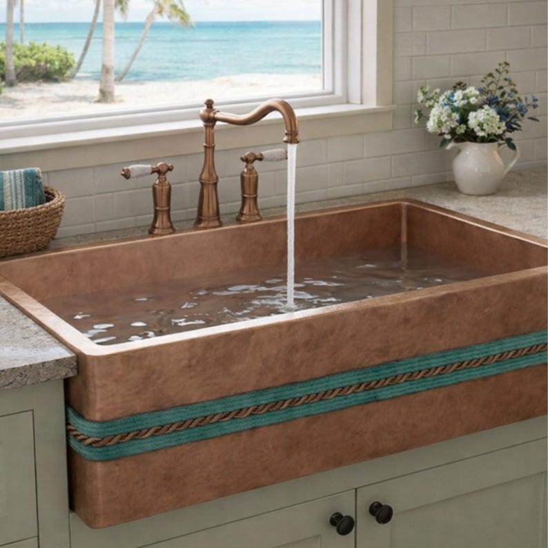 Artisan Copper Farmhouse Sink with Dual Rope Apron Detail