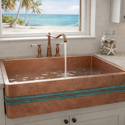 Artisan Copper Farmhouse Sink with Dual Rope Apron Detail