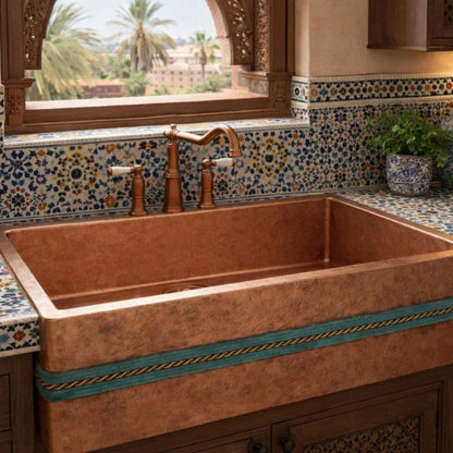 Artisan Copper Farmhouse Sink with Dual Rope Apron Detail
