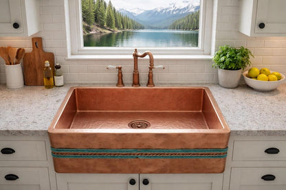 Artisan Copper Farmhouse Sink with Dual Rope Apron Detail