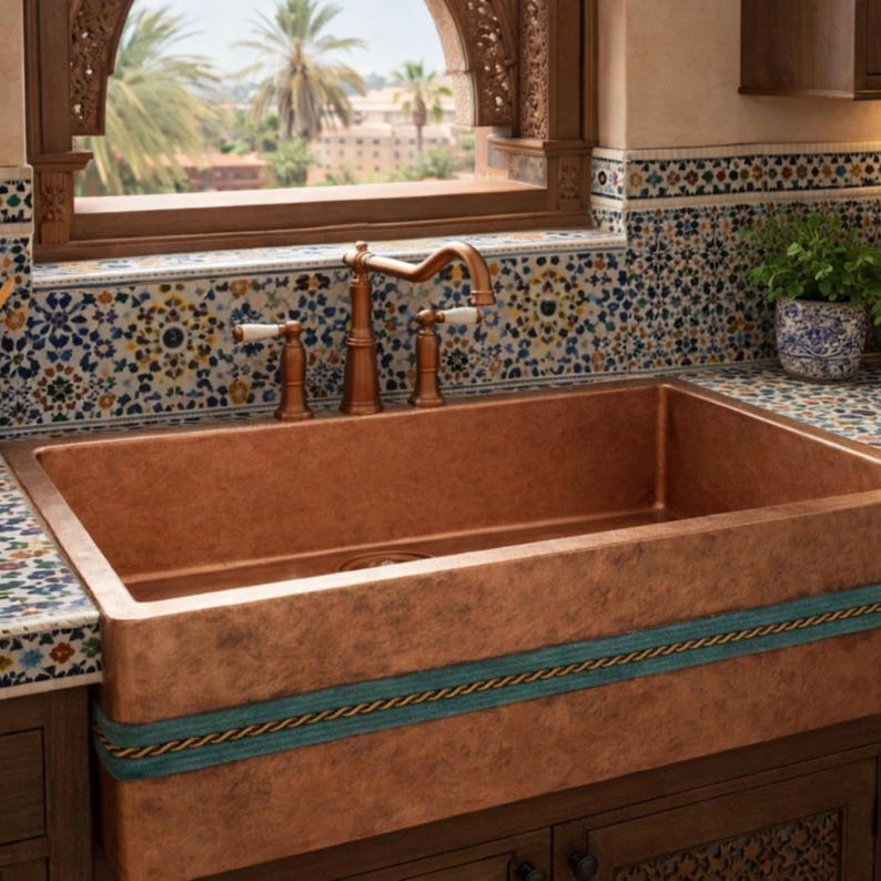 Artisan Copper Farmhouse Sink with Dual Rope Apron Detail