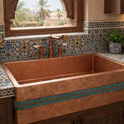 Artisan Copper Farmhouse Sink with Dual Rope Apron Detail