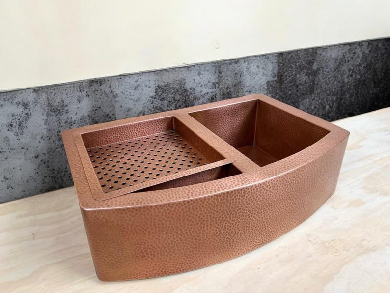 Artisan Double-Bowl Copper Workstation Sink with Curved Apron