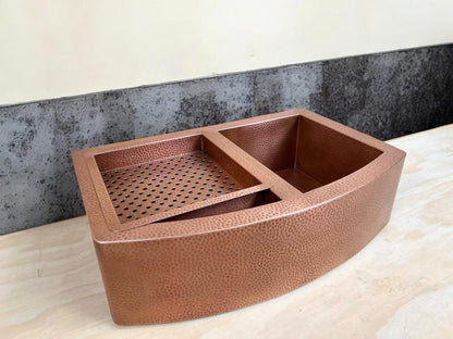 Artisan Double-Bowl Copper Workstation Sink with Curved Apron