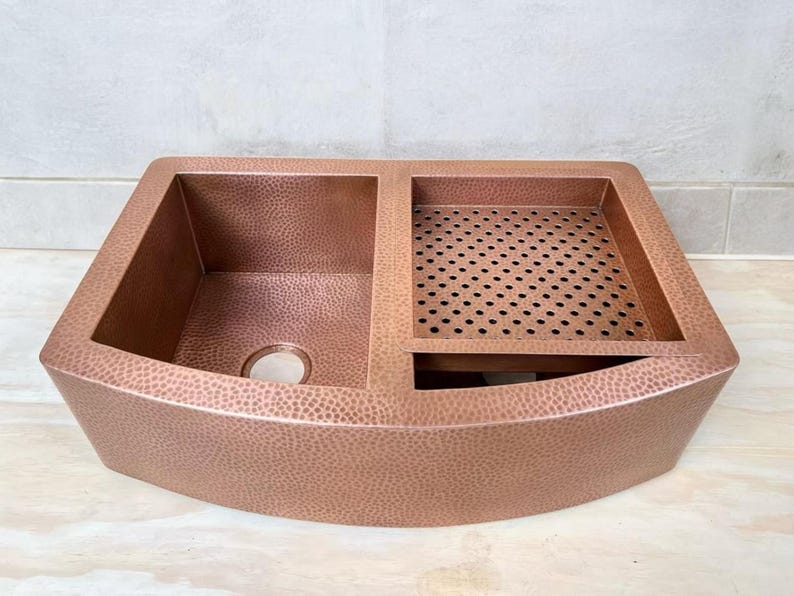 Artisan Double-Bowl Copper Workstation Sink with Curved Apron