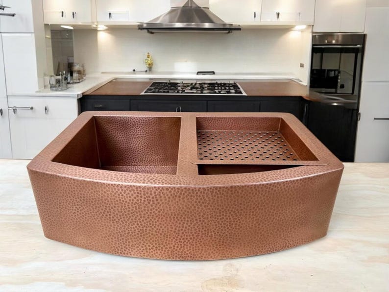 Artisan Double-Bowl Copper Workstation Sink with Curved Apron